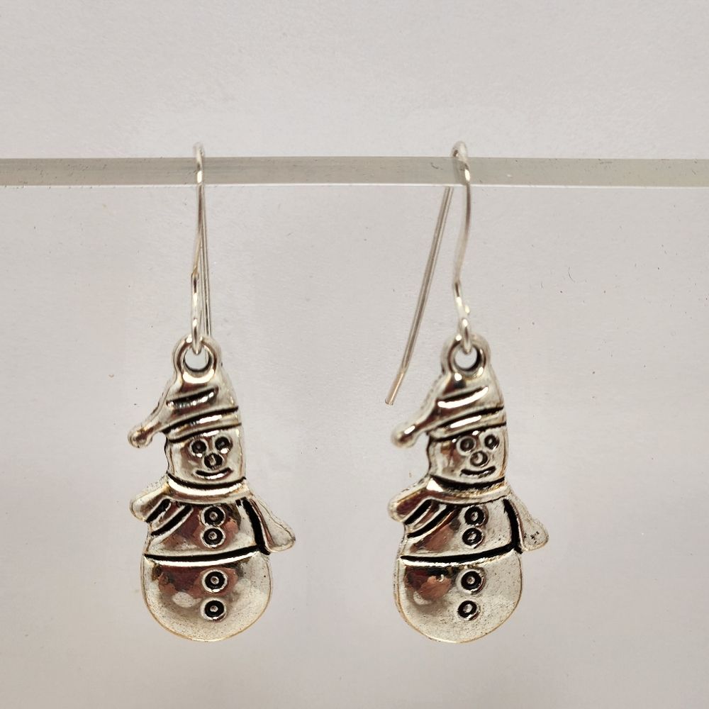 Snowman Winter Drop Charm Earrings Sterling Silver Earwires Handmade By Me